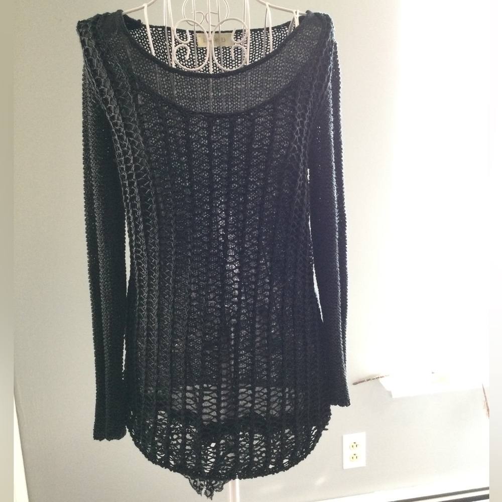 LSB made in Italy Italian women black long sleeve crochet top shirt new